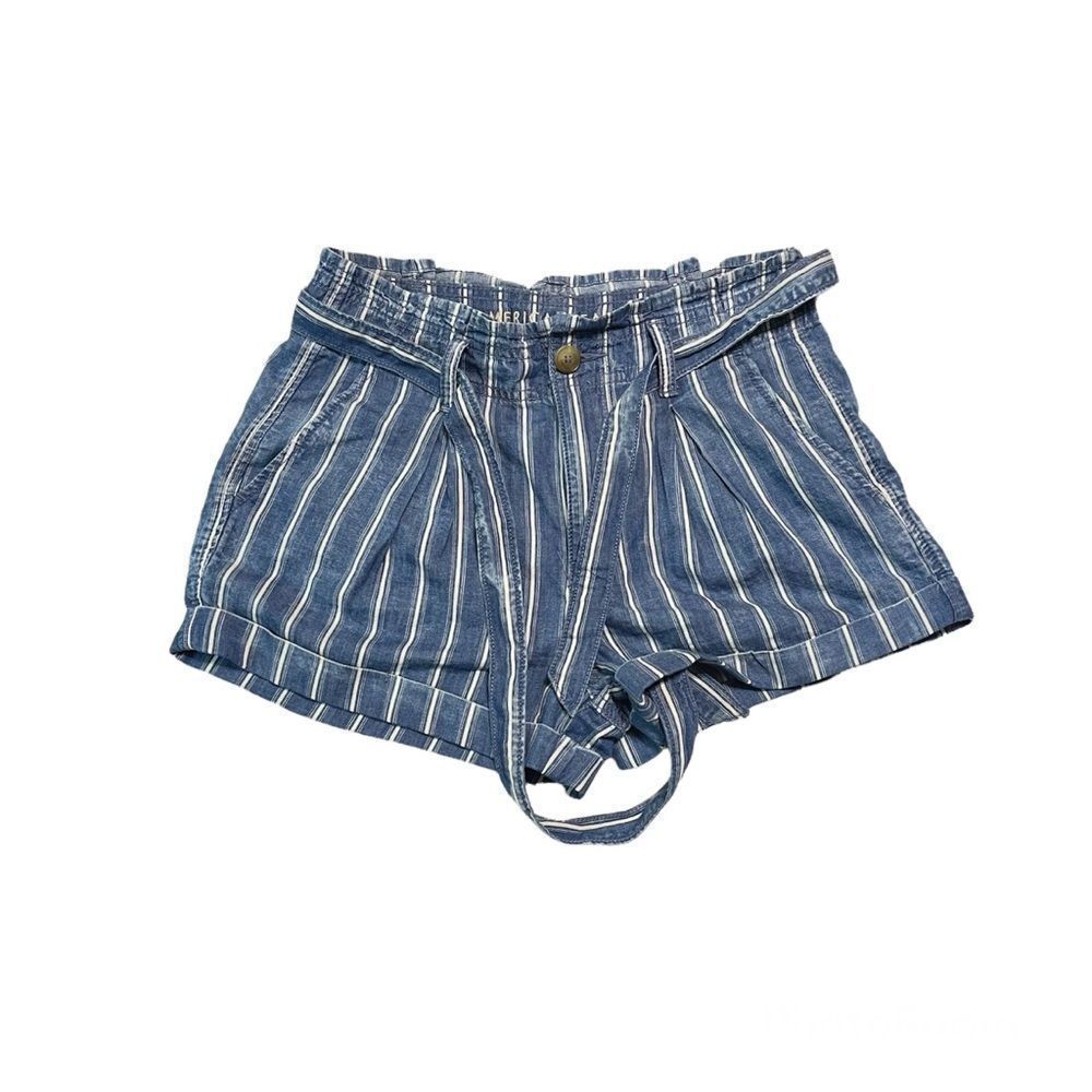 NWT AE Blue Striped High-Waisted Paperbag Shorts- Size 2